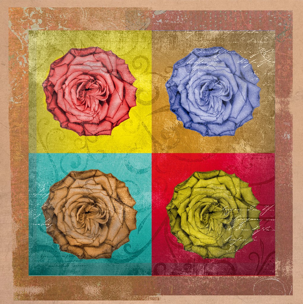 Schahram Minai, Entfaltung 1 (Blumen, Rosen, Quadrate, Blüten, Collage, Ornamente, Pop Art, Wohnzimmer, Treppenhaus, bunt)