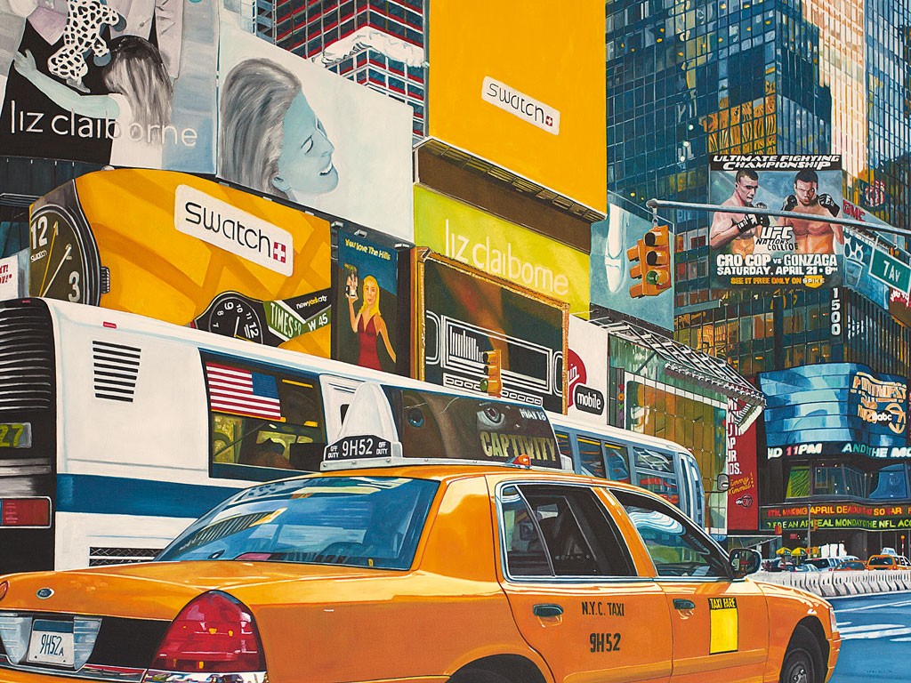Peter Mohnrdieck, Taxi overtake (New York, American Scene, Stadt, Metropole, gelbes Taxi, Werbefassaden, Hochhäuser, Wolkenkratzer, Shopping, Fotorealsimus, Malerei, Wohnzimmer, Jugendzimmer, bunt)