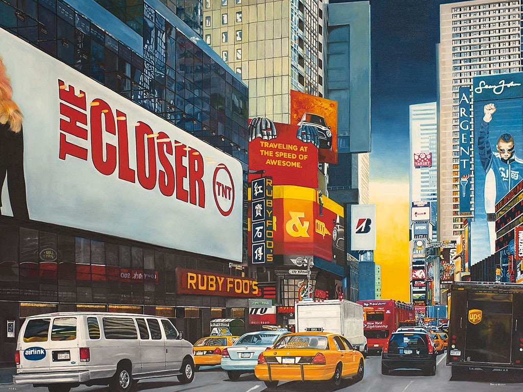 Peter Mohnrdieck, Closer (New York, American Scene, Stadt, Metropole, gelbes Taxi, Werbefassaden, Hochhäuser, Wolkenkratzer, Shopping, Fotorealsimus, Malerei, Wohnzimmer, Jugendzimmer, bunt)