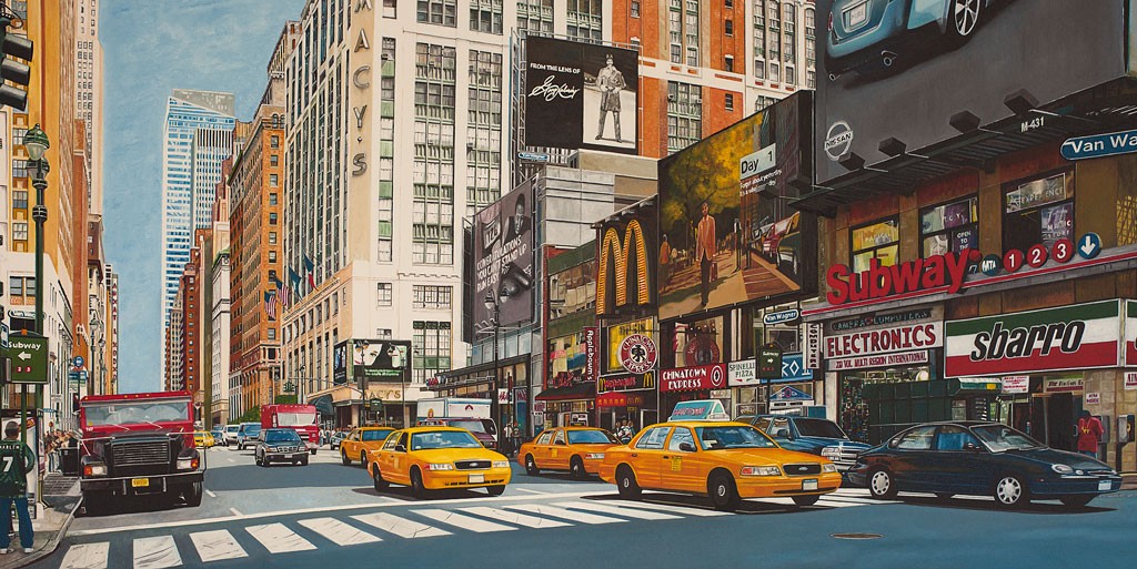 Peter Mohnrdieck, Macy`s  (Um New York, American Scene, Stadt, Metropole, gelbes Taxi, Werbefassaden, Hochhäuser, Wolkenkratzer, Shopping, Fotorealsimus, Malerei, Wohnzimmer, Jugendzimmer, bunt)