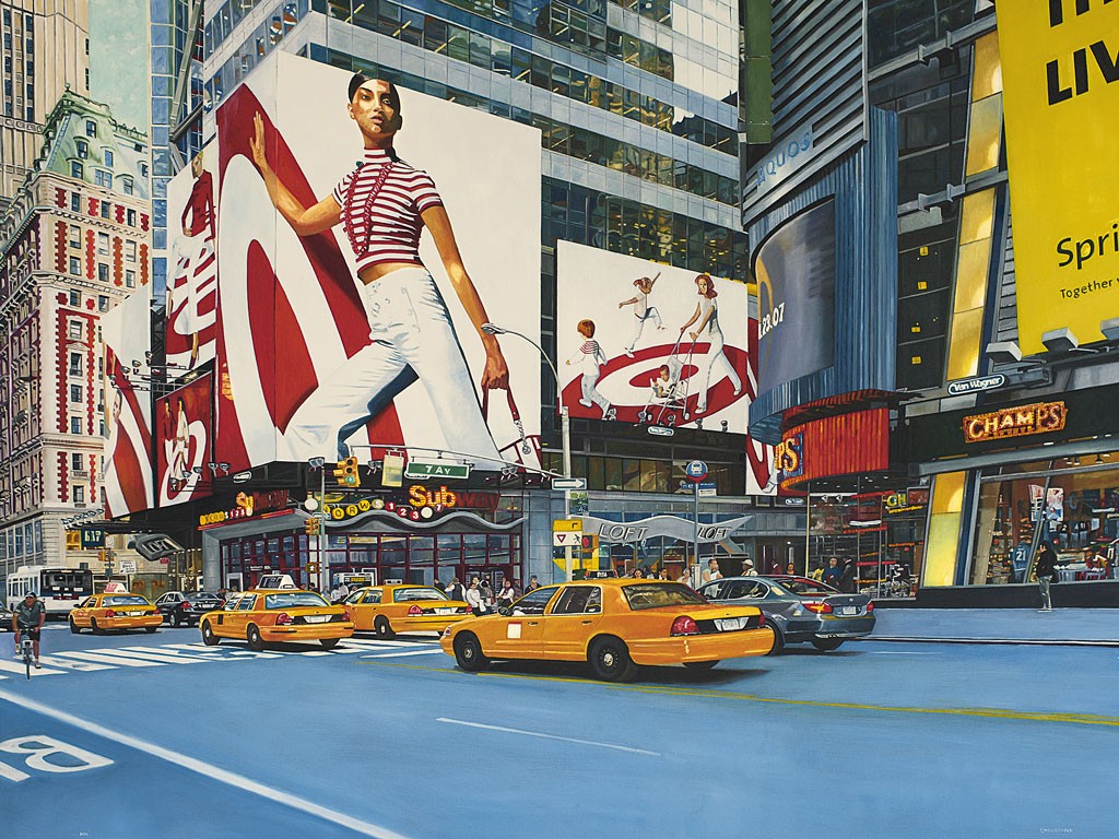 Peter Mohnrdieck, Red corner (New York, American Scene, Stadt, Metropole, gelbes Taxi, Werbefassaden, Hochhäuser, Wolkenkratzer, Shopping, Fotorealsimus, Malerei, Wohnzimmer, Jugendzimmer, bunt)