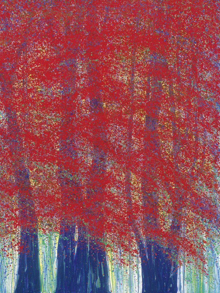 Nico Namara, Feuerwald II (Natur & Landschaft, Bäume, Wald, feurig, rote Blätter, Malerei, Wohnzimmer, Treppenhaus, Arztpraxis, bunt)