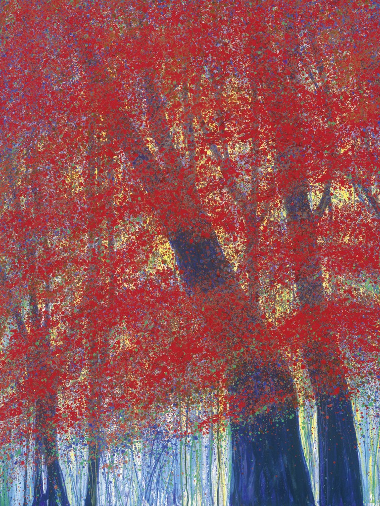 Nico Namara, Feuerwald I (Natur & Landschaft, Bäume, Wald, feurig, rote Blätter, Malerei, Wohnzimmer, Treppenhaus, Arztpraxis, bunt)