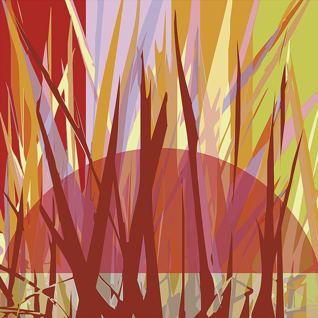 Rod Neer, Grass On Earth (Sonnenuntergang, Landschaft, Gräser, Dynamik, Flammend, leuchtend, Pop/Op Art, Pop Art, Kult, Vintage, Wohnzimmer, Treppenhaus, Jugendzimmer, gelb/orange/rot)