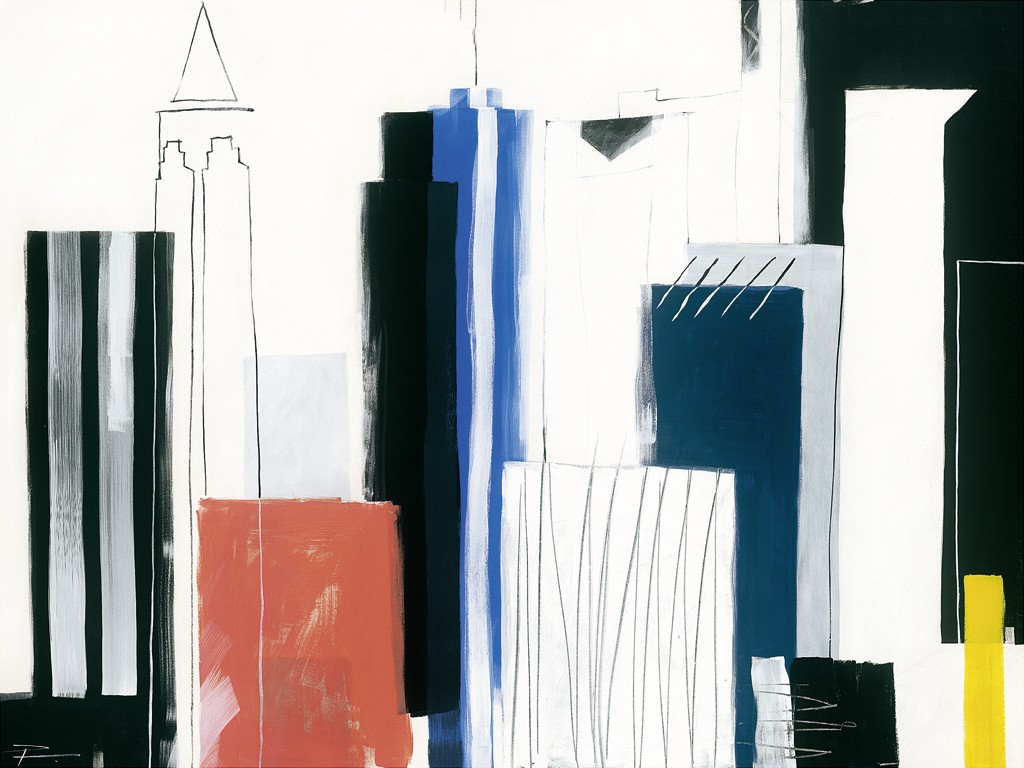 Wolfgang Pfortner, Skyline I (Abstrakt, abstrakte Malerei, Streifen, geometrische Formen, Hochhäuser, Architektur, Gebäude, abstrahiert, Wohnzimmer, Büro, Business)