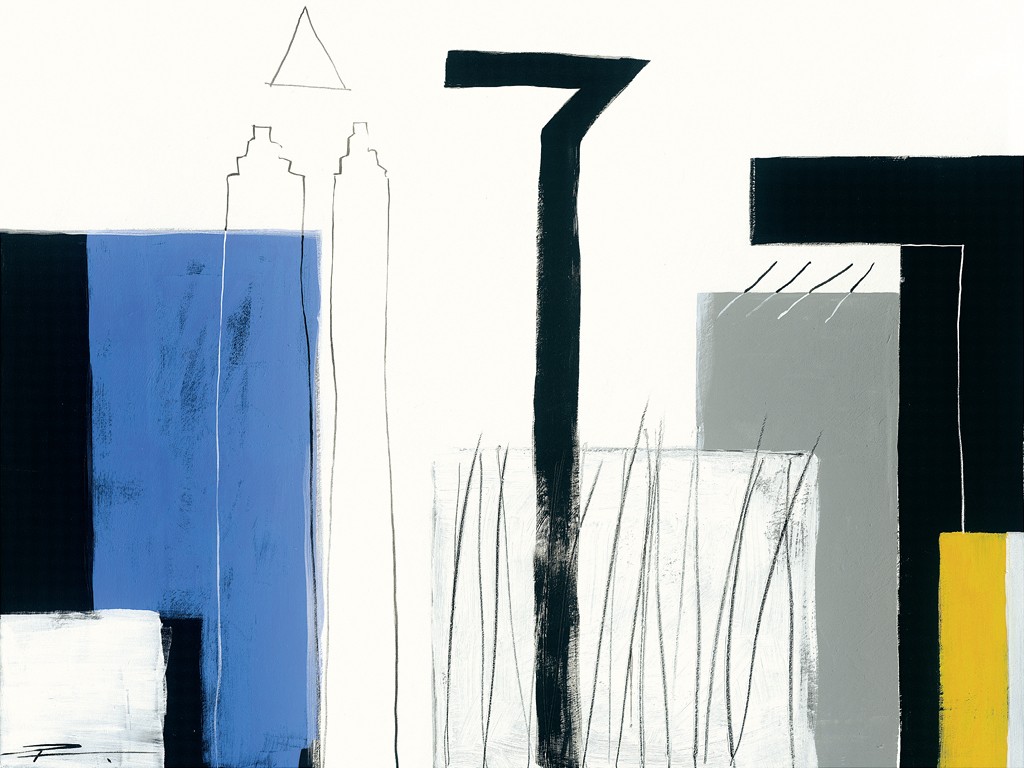 Wolfgang Pfortner, Skyline IV (Abstrakt, abstrakte Malerei, Streifen, geometrische Formen, Hochhäuser, Architektur, Gebäude, abstrahiert, Wohnzimmer, Büro, Business)