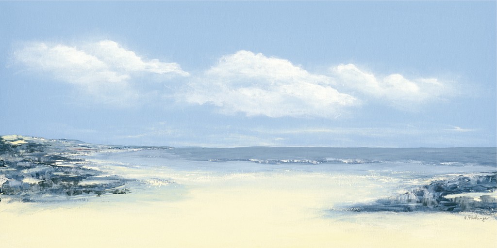 Anne Plechinger, Strand I (Meer, Strand, Sand, Wellen. Gischt, Himmel, Horizont,  zeitgenössisch, Meeresbrise, maritim, Wohnzimmer, Arztpraxis, bunt)