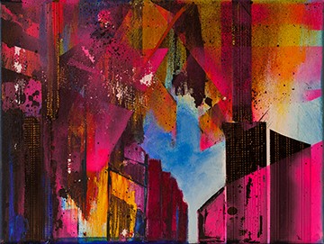 Rainer Anders, City Dawn (Abstrakt, Malerei, Stadt, Gebäude, abstrahiert, modern, zeitgenössisch, leuchtend, Büro, Business, Wohnzimmer, Wunschgröße, pink/bunt)