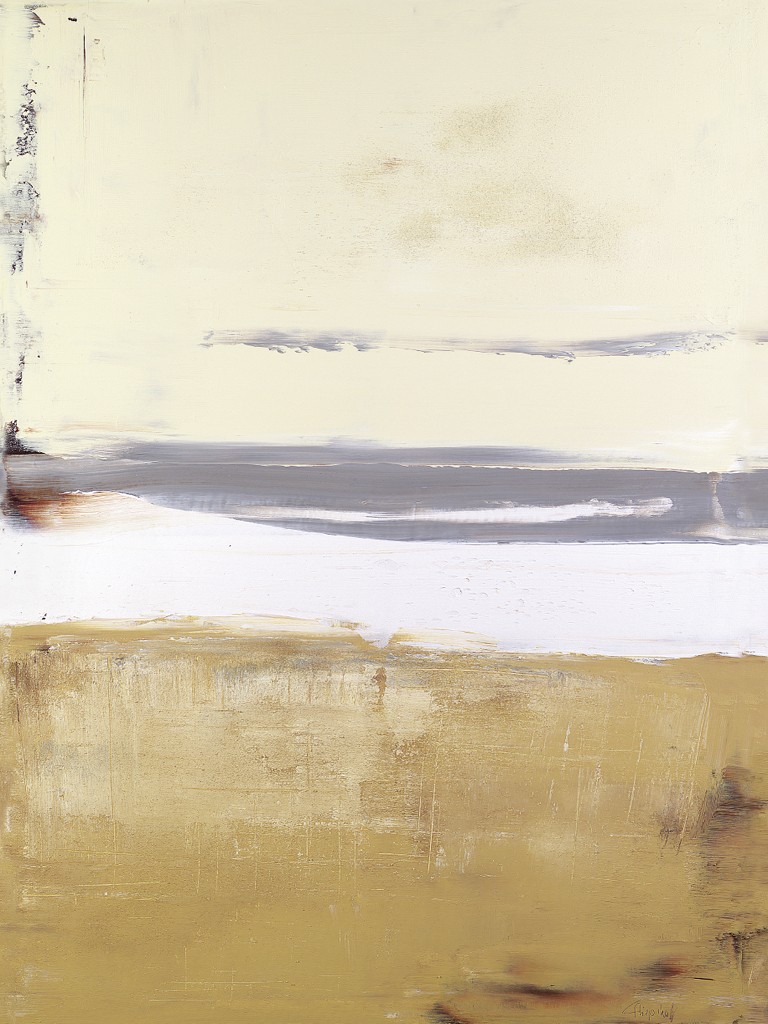 Cornelia Riepshoff, Horizonte Ocker (Malerei, abstrakt, Farbflächen, Farbfelder, Horizontale Streifen, zeitgenössisch, Kunst der Gegenwart & Moderne, Erdtöne)