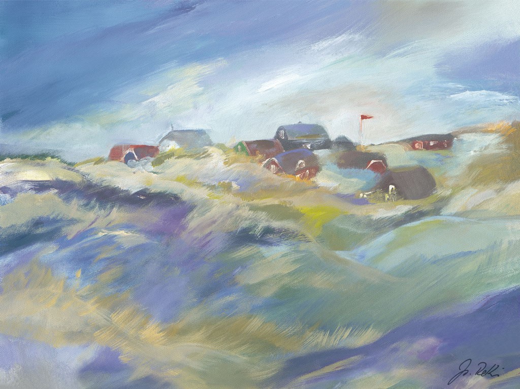 Martina Reinig-Kirchhoff, Wattseite 2 (Dünen, Dünengras, Dorf, Meeresbrise, Horizont, Himmel, modern, impressionistisch,   Norddeutschland, Wohnzimmer)