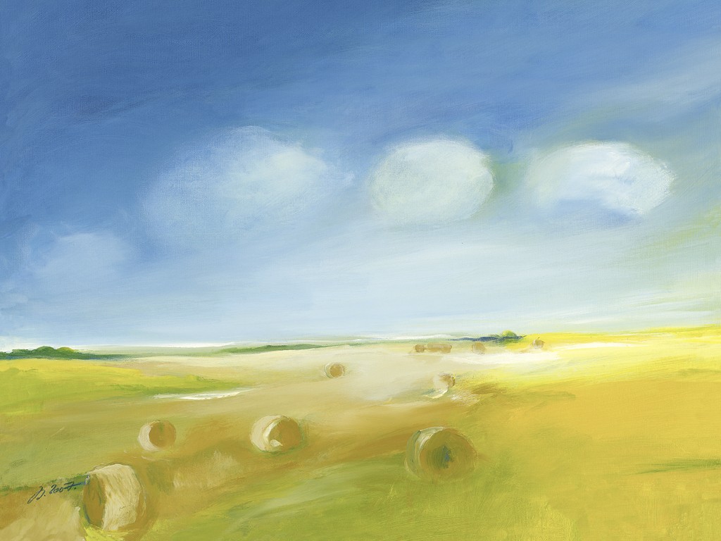 Martina Reinig-Kirchhoff,  Sommer in der Marsch (Landschaft, Landschaftsmalerei,   Heuballen, Jahreszeit, Schwemmland, Himmel, modern, impressionistisch, Horizont, Norddeutschland, Wohnzimmer)