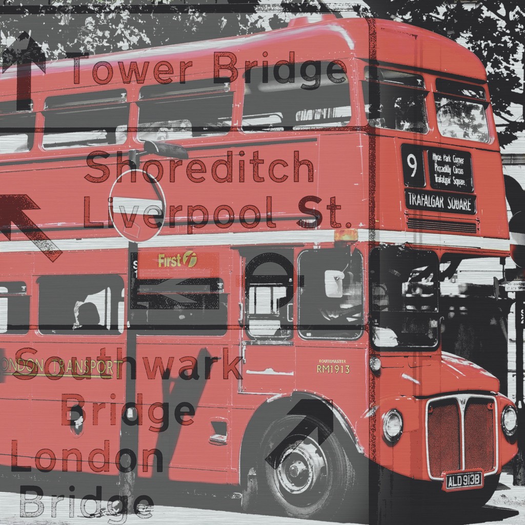 Oliver Rossdeutscher, Routemaster (London, Bus, roter Bus, Doppeldecker, Stadtbus, Wahrzeichen, Colorspot Städte, Fotokunst, Treppenhaus, Wohnzimmer, rot/schwarz-weiß, XX-Um die Welt)