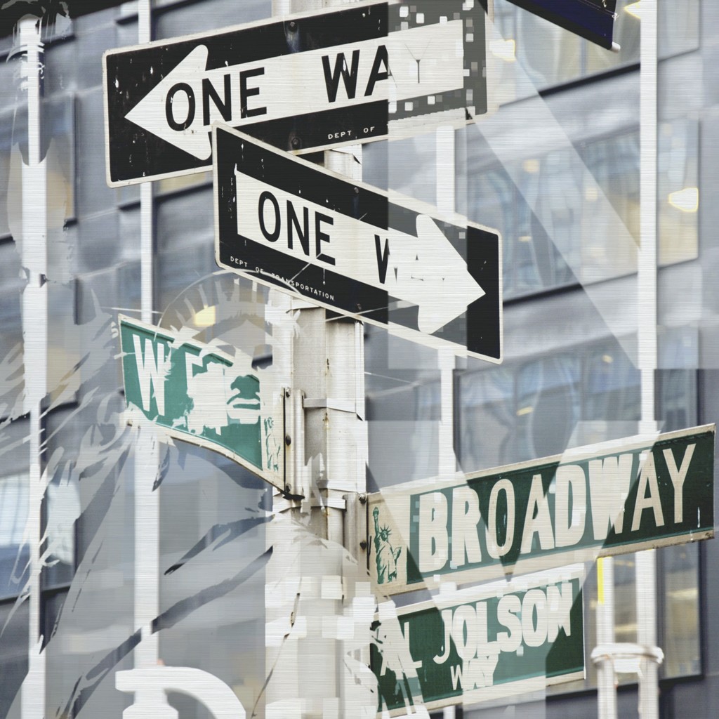 Oliver Rossdeutscher, One Way (New York,Verkehrsschilder, Broadway, Einbahnstraßen, Städte, Fotokunst, Treppenhaus, Wohnzimmer, XX-Um die Welt)