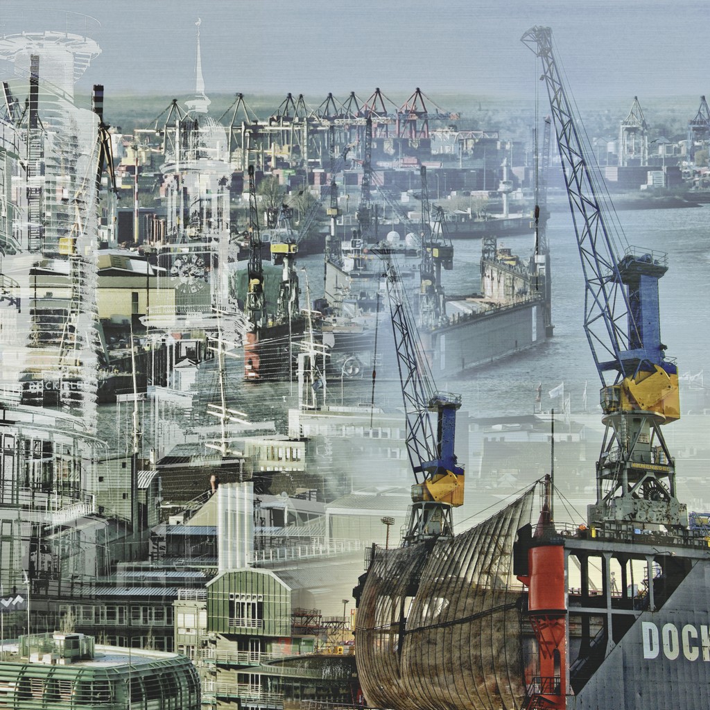 Oliver Rossdeutscher, Tor zur Welt (Maritim, Hafen, Dock, Kräne, Gebäude, Hamburg, Städte, Seefahrt, Fotokunst, Treppenhaus, Wohnzimmer, XX-Um die Welt)