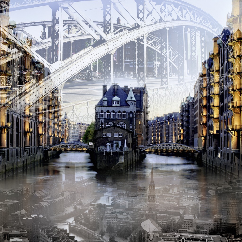 Oliver Rossdeutscher, Speicherstadt (Hamburg) (Maritim, Hafenstadt, Brücke, historische Architektur, Speicherstadt, Brücken, Hamburg, Städte, Fotokunst, Treppenhaus, Wohnzimmer, XX-Um die Welt)