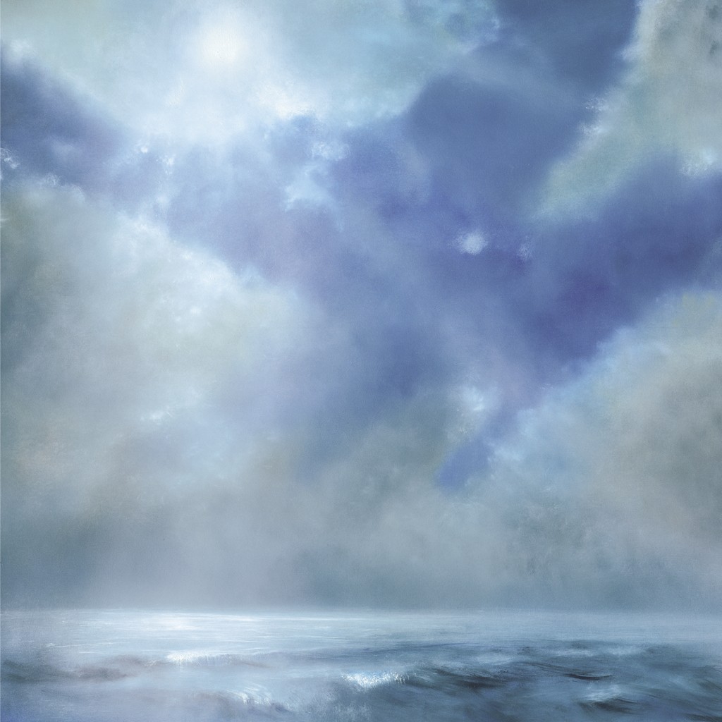 Annette Schmucker, Veränderung (Himmel, Wolken, Atmosphäre, Universum, Unendlichkeit, Sonnenlicht, Meer, Horizont,  Treppenhaus, Wohnzimmer, Malerei, blau/weiß)