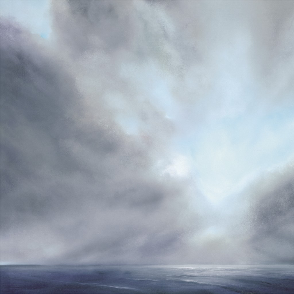 Annette Schmucker, Veränderung II (Himmel, Wolken, Atmosphäre, Universum, Unendlichkeit, Sonnenlicht, Meer, Horizont,  Treppenhaus, Wohnzimmer, Malerei, blau/weiß)