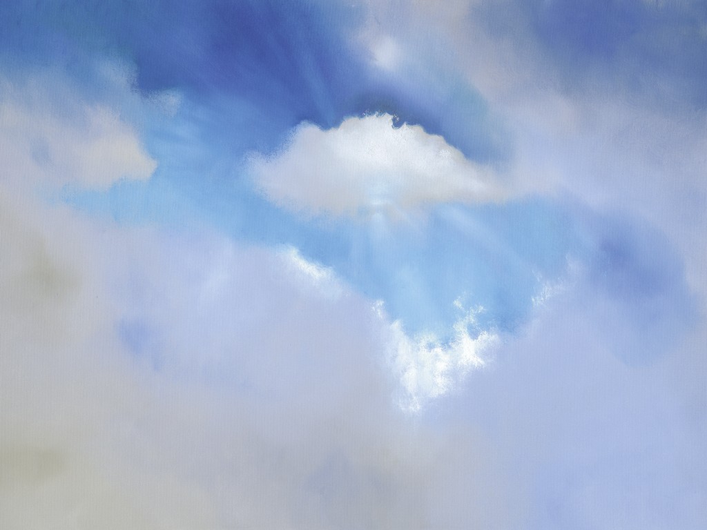 Annette Schmucker, Drift away (Himmel, Wolken, Atmosphäre, Universum, Unendlichkeit, Sonnenlicht, Meer, Horizont,  Treppenhaus, Wohnzimmer, Malerei, blau/weiß)