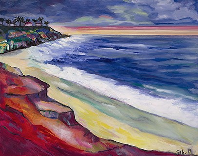 Sébastien Montel, Sunset at La Jolla (Meer, Küste, San diego, Kalifornien, Pazifik, Strand, Wellen, Horizont, Sonnenuntergang, Malerei, modern, Wohnzimmer, Treppenhaus, Wunschgröße, bunt)