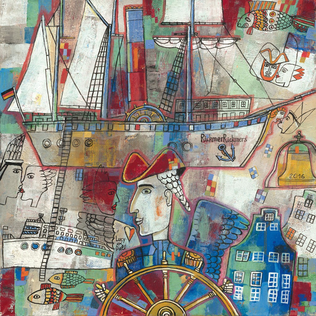  Shatalova, Rickmers Rickmers (Hafen, Schiff, Kapitän, Fische, Küssende, Fantasie, Collage, naiv, maritim, modern, Grafik, Wunschgröße, Treppenhaus, Wohnzimmer)