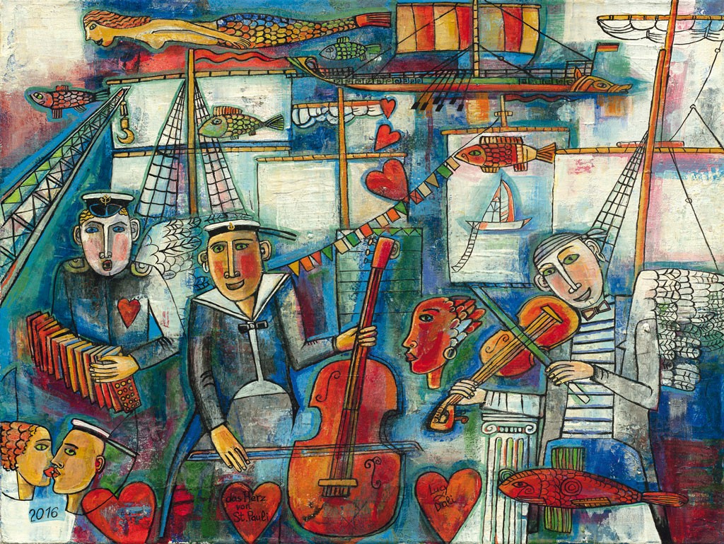  Shatalova, Herz von St. Pauli (Hamburg,Matrosen, Musikkapelle, Musiker, Schiff,  Meerjungfrau, Fische, Küssende, Fantasie, Collage, naiv, maritim, modern, Grafik, Wunschgröße, Treppenhaus, Wohnzimmer)