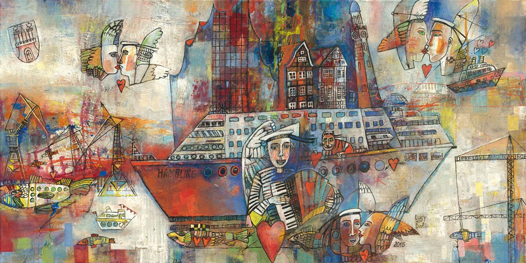  Shatalova, Nimm mich mit Kapitän (Hamburg, Gebäude,Matrose, Arkordeon, Schiff, Kapitän, Fische, Küssende, Fantasie, Collage, naiv, maritim, modern, Grafik, Wunschgröße, Treppenhaus, Wohnzimmer)