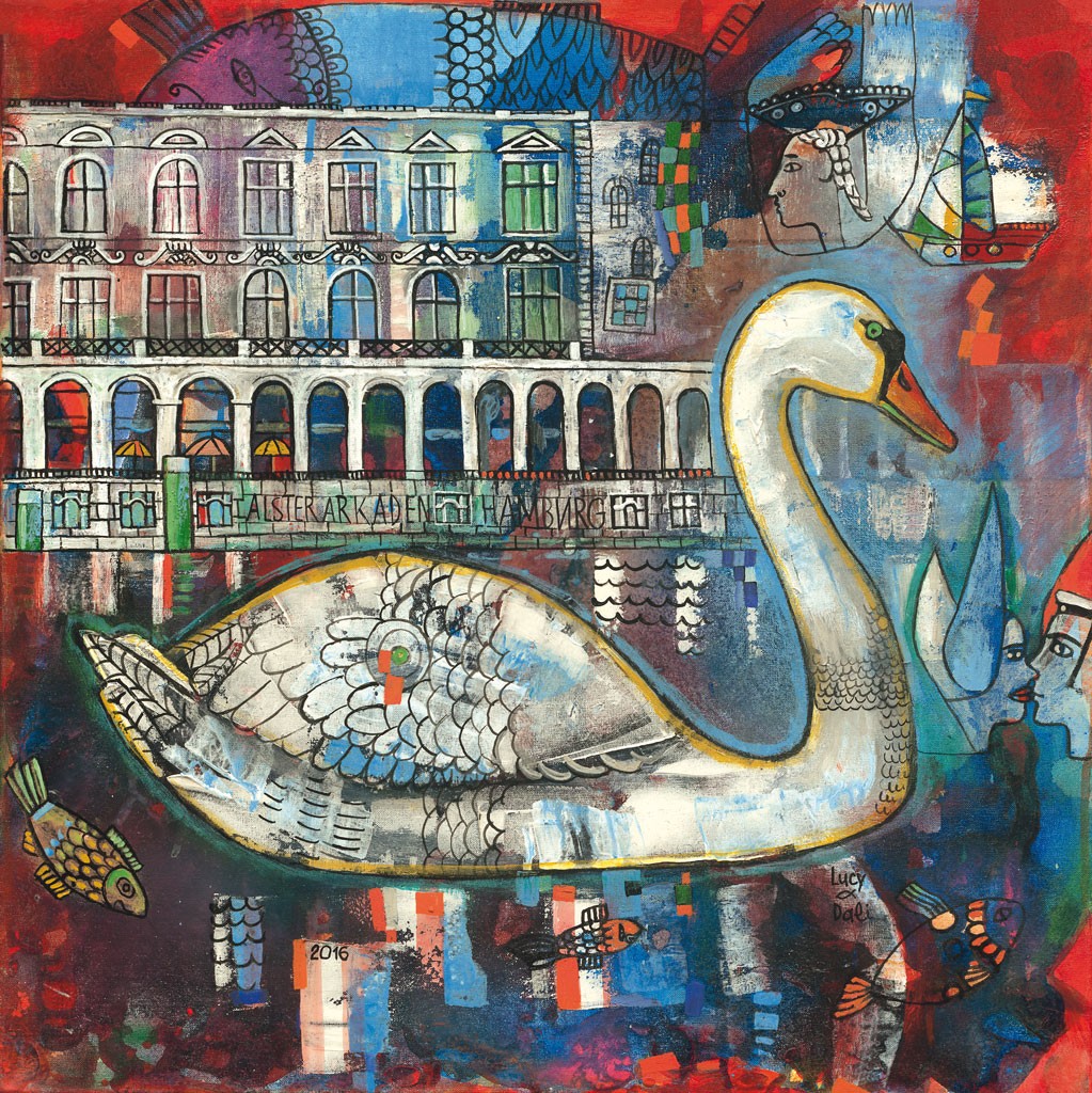  Shatalova, Alsterarkaden (Hamburg, Arkaden, Schwan, Küssende, Fantasie, Collage, naiv, maritim, modern, Grafik, Wunschgröße, Treppenhaus, Wohnzimmer)