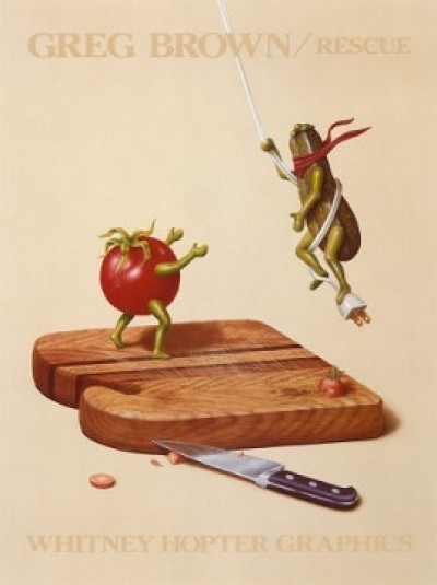 Leinwandbild Greg Brown - Rescue (Gemüse, personifiziertes Gemüse, Gurken, Tomaten, Holzbrett, Messer, Rettung, witzig, lustig, komisch, KIüche, Esszimmer, Gastronomie, Bistro, Grafik, bunt)