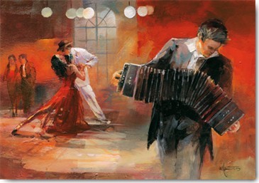Willem Haenraets, Leinwandbild Bandoneón (Musiker, Combo, Tänzer, Tanzmusik, Aussicht, Tanzcafe, Tanz, Musiker, Bandoneónspieler, Modern, Wohnzimmer, Malerei, Figural, People & Eros, Gastronomie, Tanzschule,  bunt)