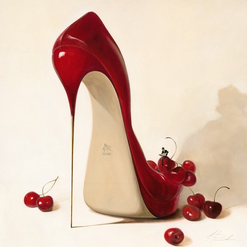 Inna Panasenko, Leinwandbild Cherry Love (Malerei, Schuhe, Stiletto, Kult, Pop,  High Heels, Kirschen, gentleman, Zeitung, Lesender,  Küche, Esszimmer, Wohnzimmer, Bistro, rot / weiß)