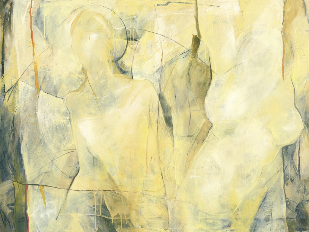 Larissa Strunowa, Gemini (Figurativ, Personen, Zwillinge, Heiligenschein, abstrahiert, moderne Malerei, zeitgenössisch, abstrakte Formen, verschwommen, Wohnzimmer, Treppenhaus, grau/gelb)