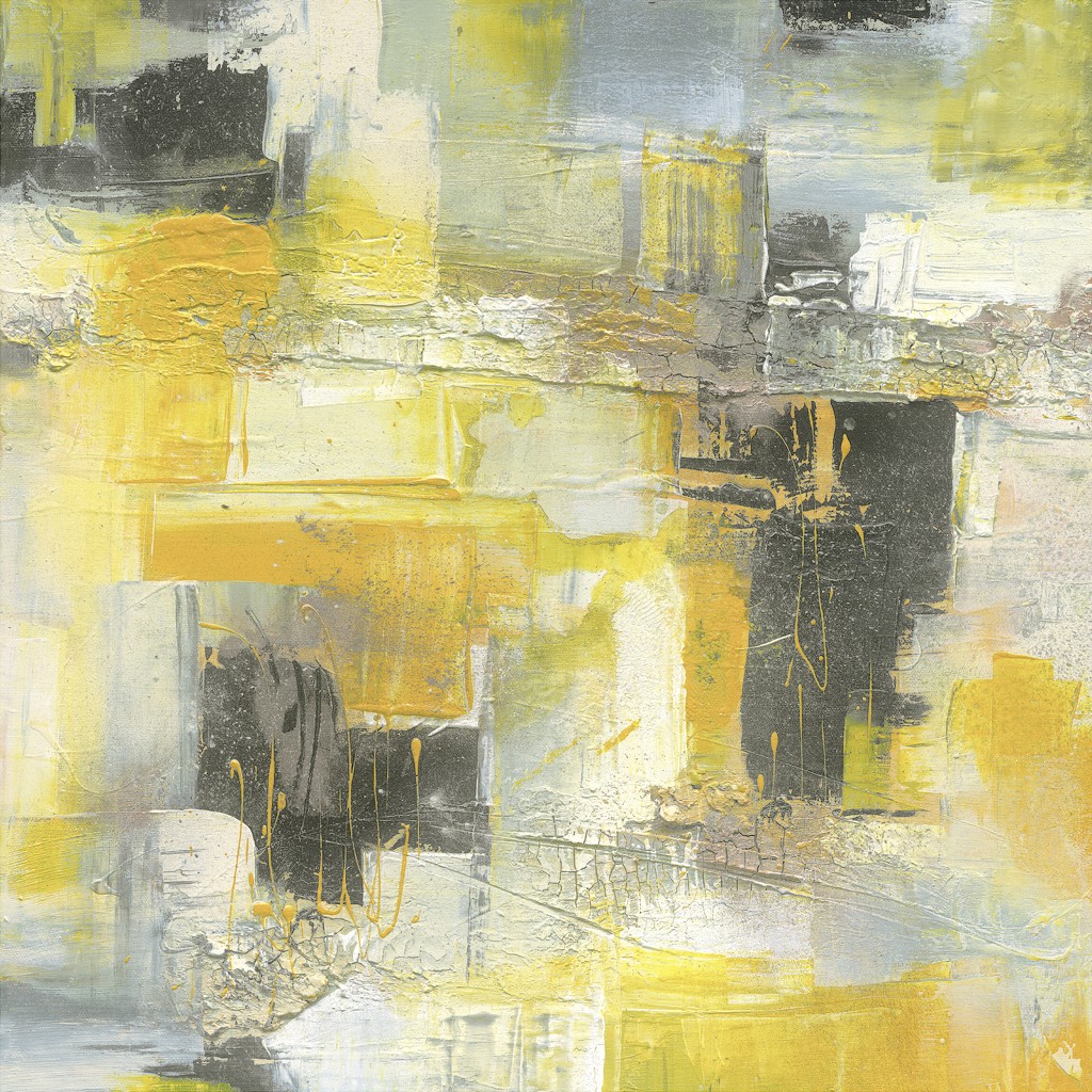 Petra Stahl, Devon (Abstrakt, Modern, zeitgenössisch, gespachtelt,  Muster, abstrakte Malerei, Wohnzimmer, Treppenhaus, Büro, grau/gelb)