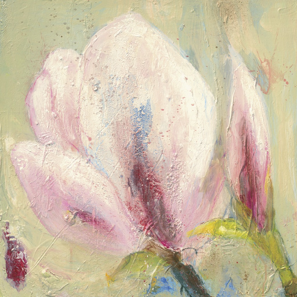 Petra Stahl, Magnolie II (Magnolien, Magnolienblüten, Blütenblätter, modern, Malerei, pastos, zeitgenössisch, Esszimmer, Wohnzimmer, Treppenhaus, rosa)