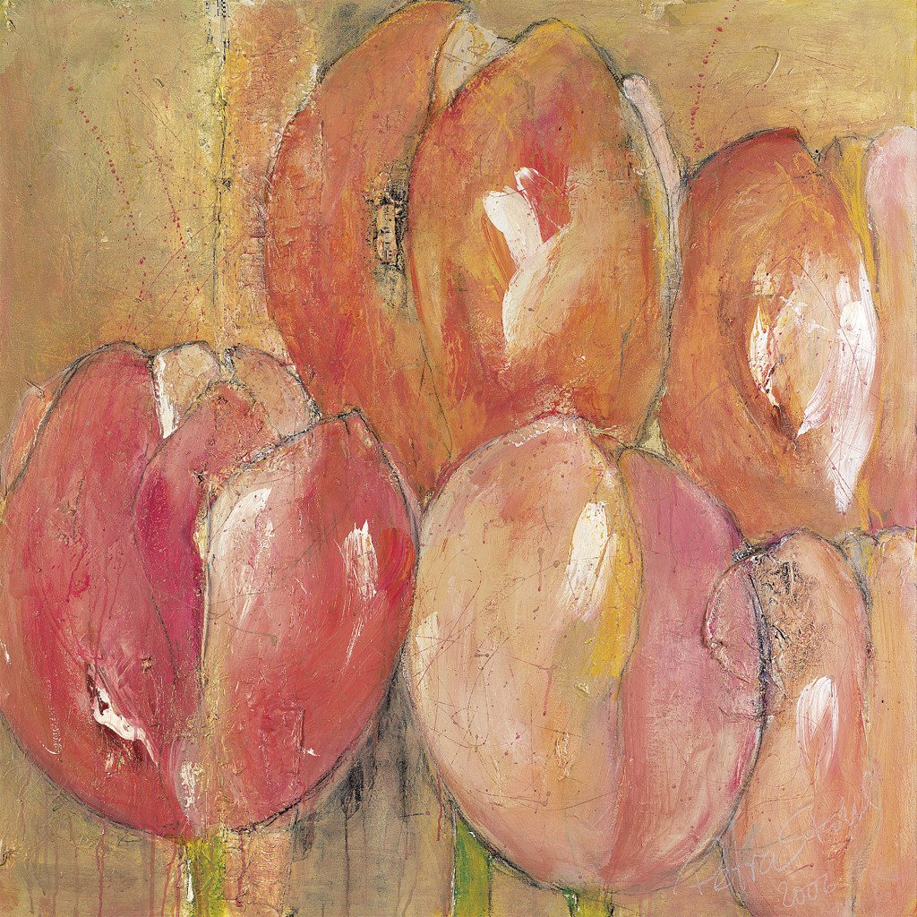 Petra Stahl, Tot Ziens I (Tulpen) (Tulpen, Blumen, Blüten, modern, Malerei, zeitgenössisch, Esszimmer, Wohnzimmer, Treppenhaus, orange/rosa)