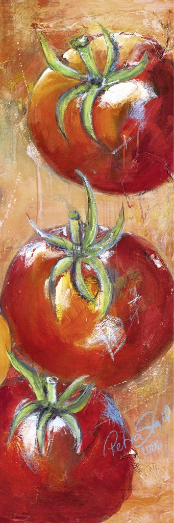 Petra Stahl, Mehr Tomaten II (Tomaten, Früchte, modern, Malerei, zeitgenössisch, Malerei, Esszimmer, Küche, Wohnzimmer, Gatronomie, rot/orange)