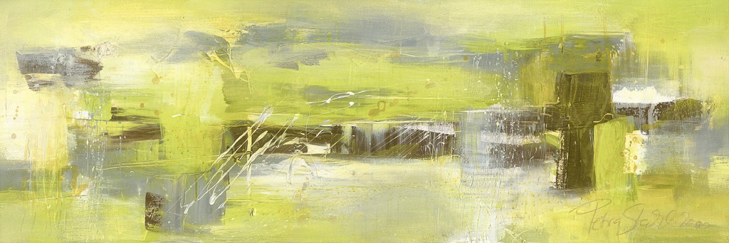 Petra Stahl, Rutland (Abstrakt, Modern, Landschaft, zeitgenössisch, gespachtelt,  Muster, abstrakte Malerei, Wohnzimmer, Treppenhaus, Büro, gelb/grau)