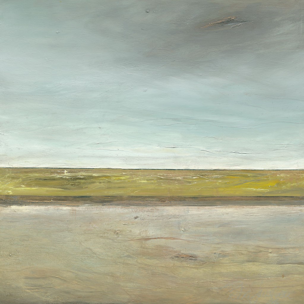 Petra Jacobsen, Am Watt (Natur & Landschaften, Abstrakt, abstrakte Malerei, wolkig, Farbfelder, modern, Wohnzimmer, Büro business, grau/blau/grün)