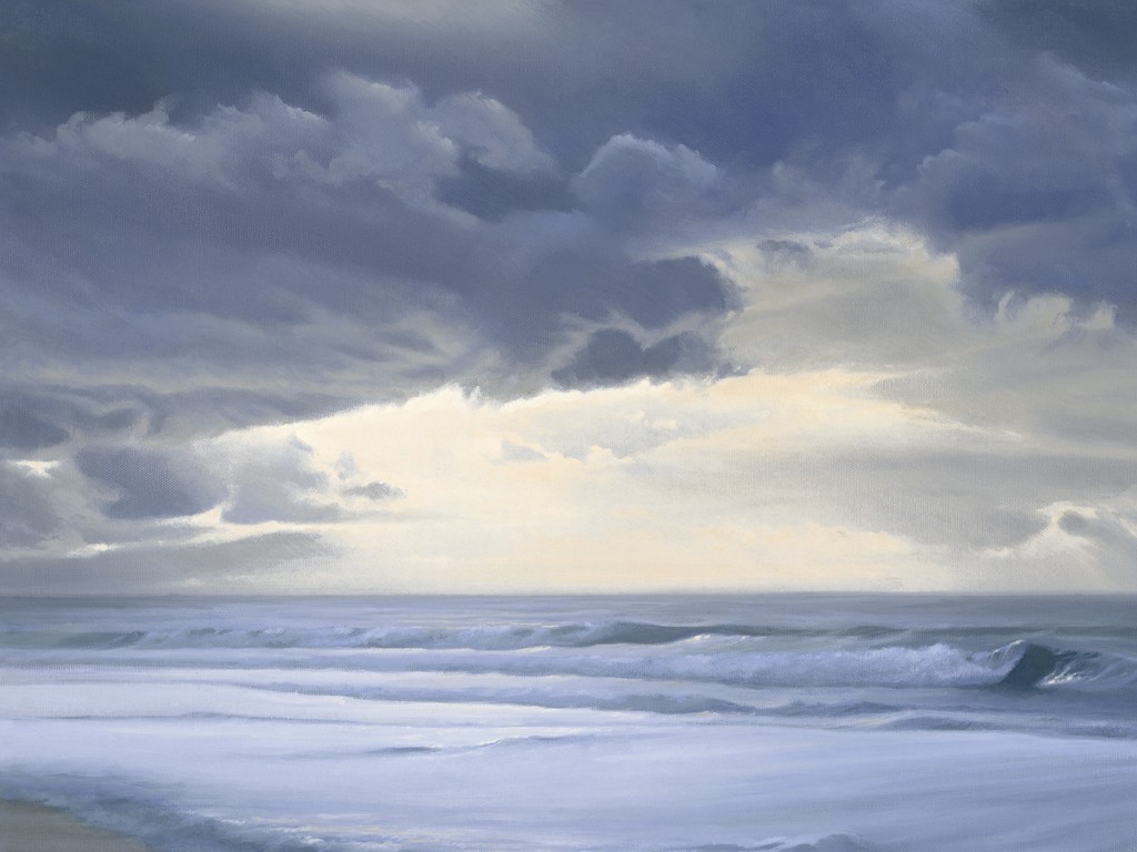 Malte von Schuckmann, Dunkle Wolken über der See (Meer, Wellen, Gischt, Horizont, Wolken, Unwetter, bedrohlich, Meeresbrise, Wohnzimmer, Treppenhaus, Malerei, grau/blau)