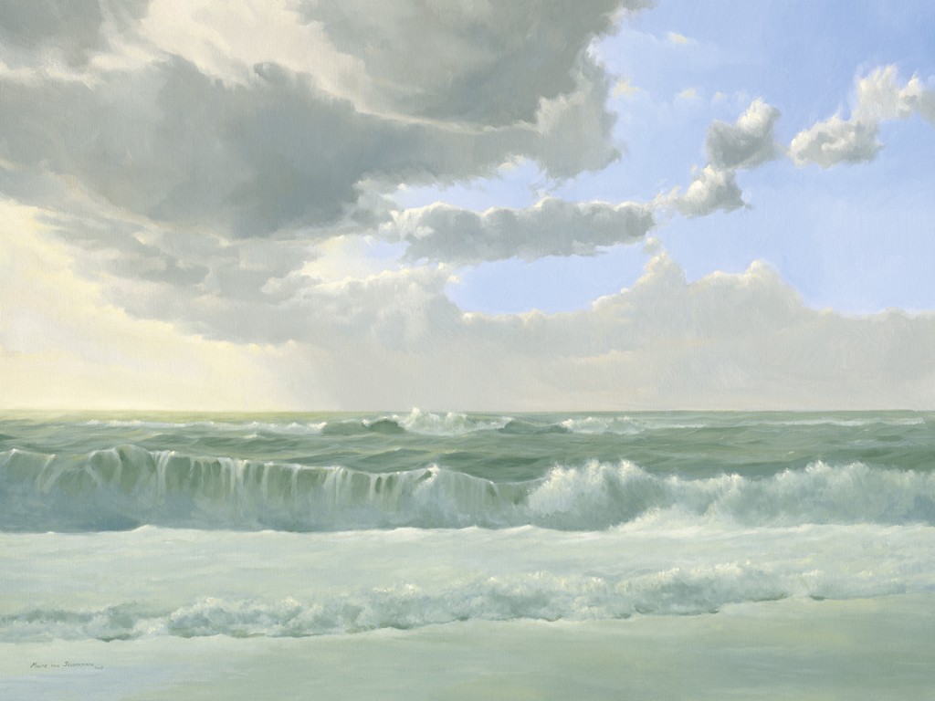 Malte von Schuckmann, Nordsee (Meer, Wellen, Gischt, Horizont, Wolken, Meeresbrise, Wohnzimmer, Treppenhaus, Malerei, bunt)