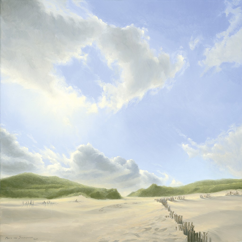 Malte von Schuckmann, Dünen im Gegenlicht (Meer, Dünen, Sand, Landschaft, Horizont, Wolken, Meeresbrise, Wohnzimmer, Treppenhaus, Malerei, bunt)