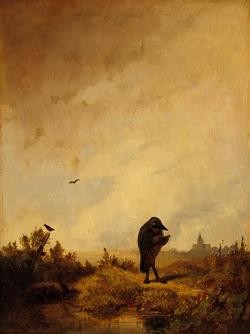 Carl Spitzweg, Der Rabe (Malerei, Klassiker, Rabe, Vogel, Stieren, Landschaft, Sonnenuntergang, Humor, Spätromantik, Wohnzimmer, Wunschgröße, bunt)