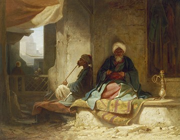 Carl Spitzweg, Zwei Türken im Kaffeehaus (Malerei, Klassiker, Kaffeehaus, Café, Männer, Pfeife, Orient, Sonnenlicht, Spätromantik,  Wunschgröße, Wohnzimmer, bunt)