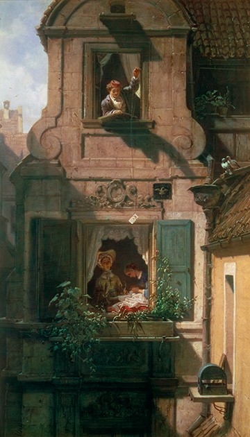 Carl Spitzweg, Der abgefangene Liebesbrief (Malerei, Klassiker, Häuserwand, Fassade, Liebesbrief, abgefanener Liebesbrief, Fenster, Humor, Spätromantik, Wunschgröße, Wohnzimmer, bunt)