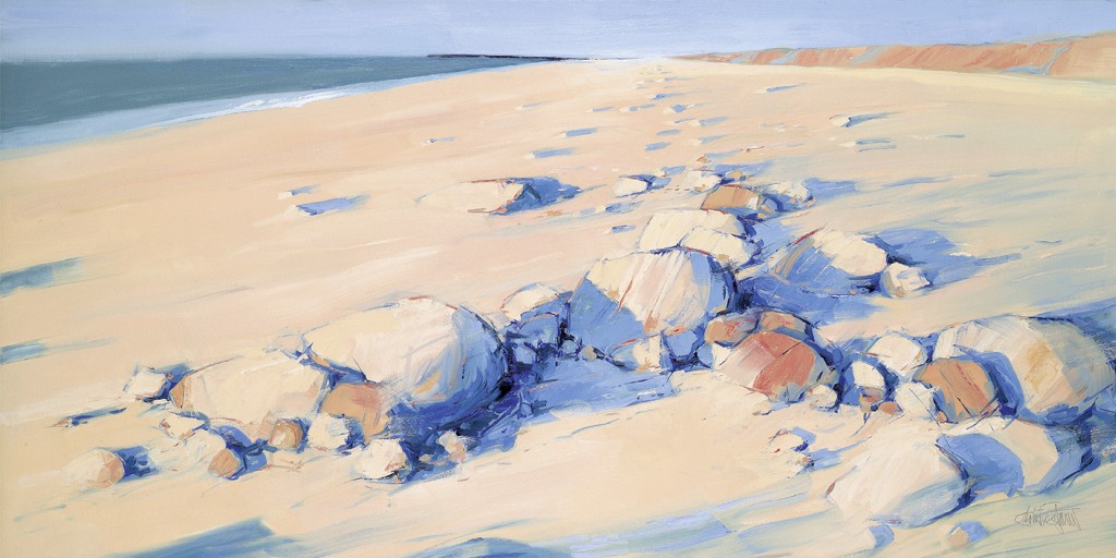 Claus Tegtmeier, Beachline – Westlight (Meer, Meeresbrise, Strand, Sand, Steine, Horizont, modern, Malerei, Wohnzimmer, bunt)