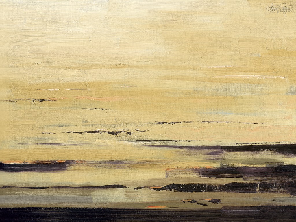 Claus Tegtmeier, Sommerwatt I (Meer, Meeresbrise, Wattenmeer, Sonnenuntergang, Endlosigkeit,   Horizont, abstrahiert, modern, Malerei, Wohnzimmer, gold/braun)