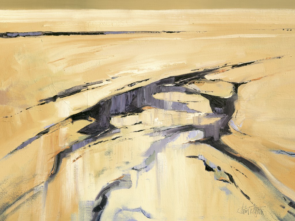 Claus Tegtmeier, Sommerwatt II (Meer, Meeresbrise, Wattenmeer, Risse, Spalten, Sonnenuntergang, Horizont, abstrahiert, modern, Malerei, Wohnzimmer, gold/braun)