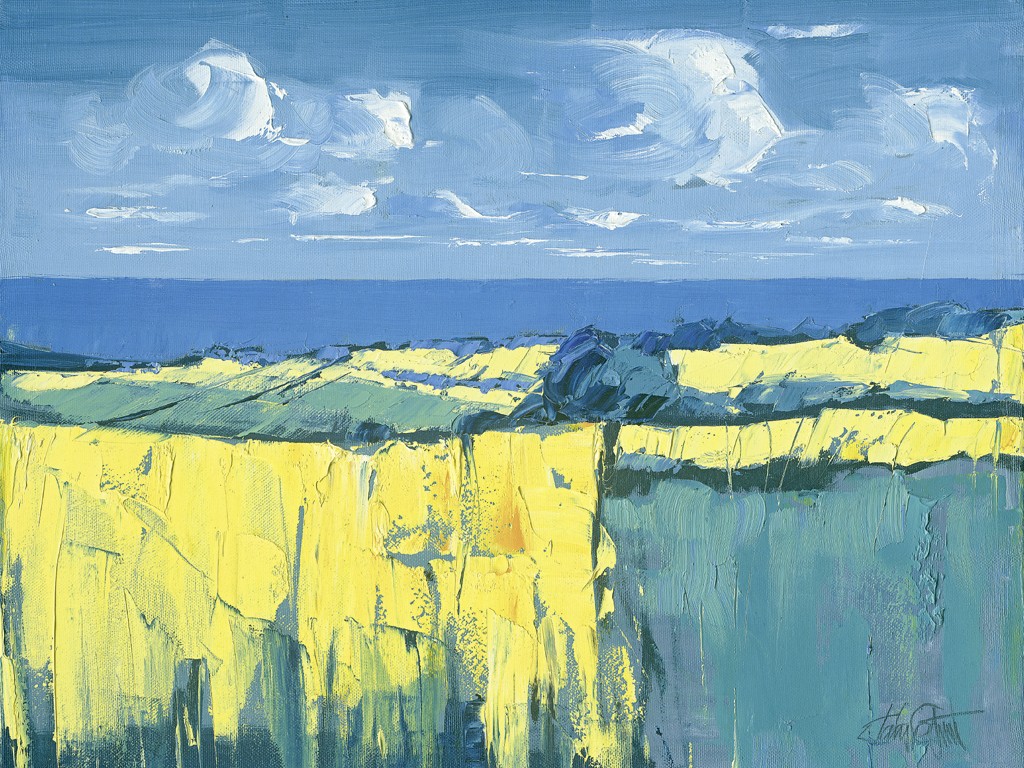 Claus Tegtmeier, Rapsfelder an der Ostsee (Meer, Meeresbrise, Ostsee, maritim, Rapsfelder, Horizont, abstrahiert, modern, Malerei, Wohnzimmer, blau/gelb)