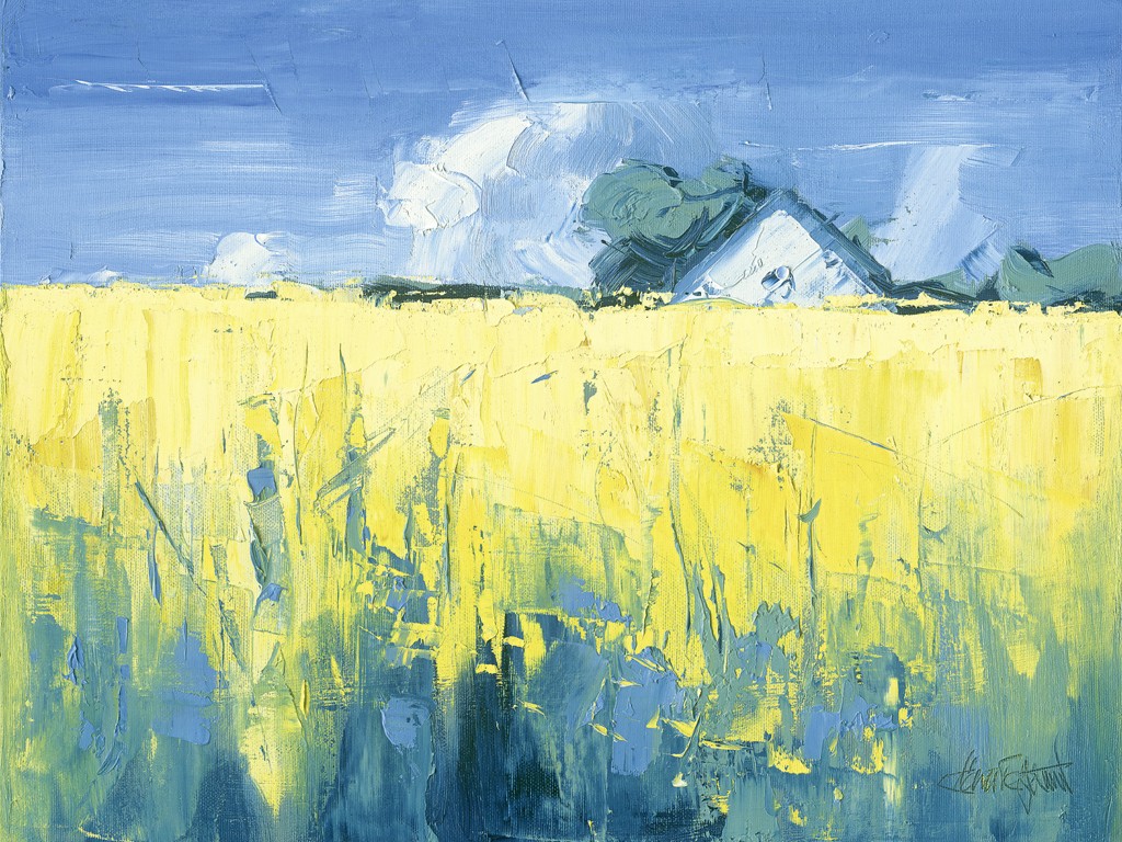 Claus Tegtmeier, Rapsfeld (Natur & Landschaft, Kotten, Gehöft, Rapsfelder, abstrahiert, modern, Malerei, Wohnzimmer, blau/gelb)