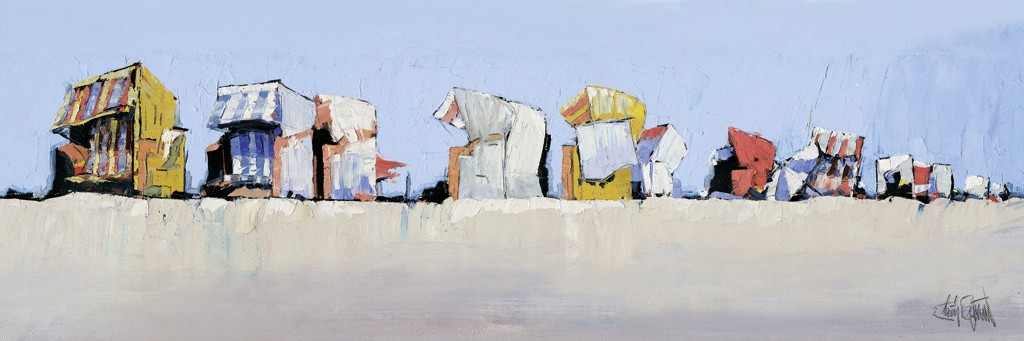 Claus Tegtmeier, Mittagsstrand III (Strand, Strandkörbe, Sand, Sommer, Urlaub, Meeresbrise, abstrahiert, maritim, modern, zeitgenössisch, Treppenhaus, Wohnzimmer)