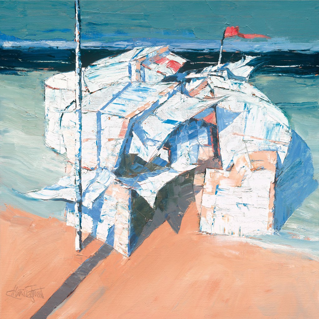 Claus Tegtmeier, Auftakt 4 (Strand, Strandkörbe, Sand, Sommer, Urlaub, Meeresbrise, abstrahiert, maritim, modern, zeitgenössisch, Treppenhaus, Wohnzimmer)